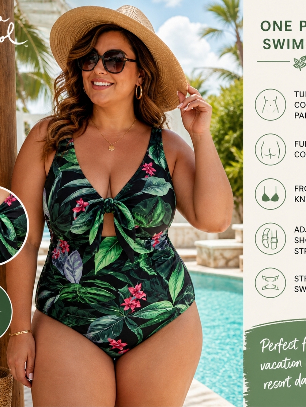 Kona Sol One Piece Swimsuit XL Tropical Print Tummy Control NWT